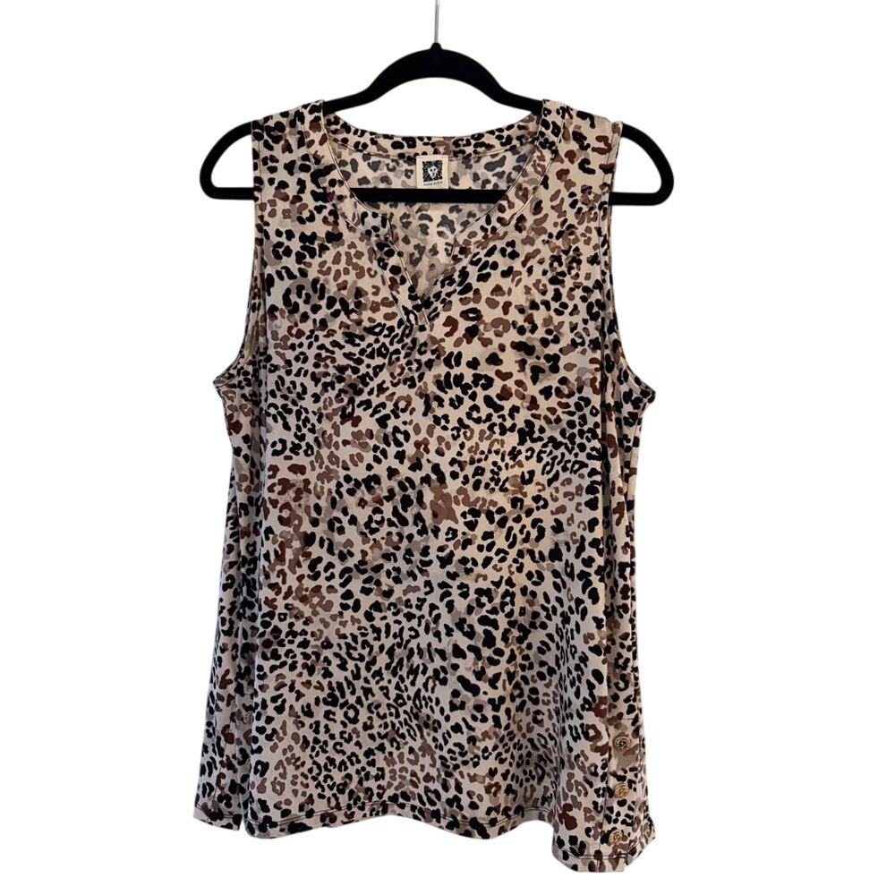 Anne Klein Sleeveless Leopard Print V Neck Button‎ Detail Top Size Large